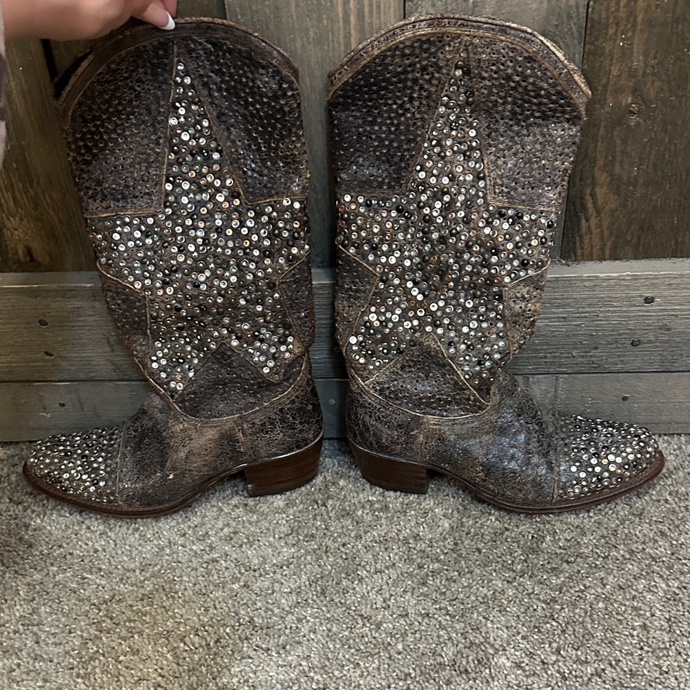 Frye Studded Star Distressed Leather Western Cowboy Boots Brown Size 5